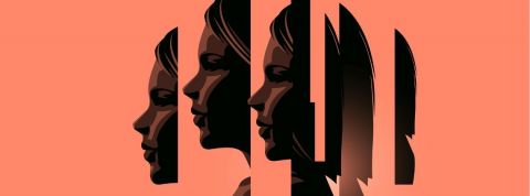 Les troubles mentaux sur les réseaux sociaux Illustration du visage d'une femme découpée en plusieurs morceaux sur fond orange