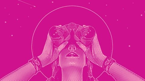 Dessin d'une femme qui regarde les étoiles à travers des jumelles