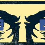 le visage de big brother avec le logo de Facebook dans les yeux.