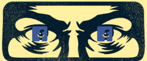 le visage de big brother avec le logo de Facebook dans les yeux.