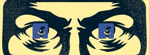 Facebook is watching you le visage de big brother avec le logo de Facebook dans les yeux.
