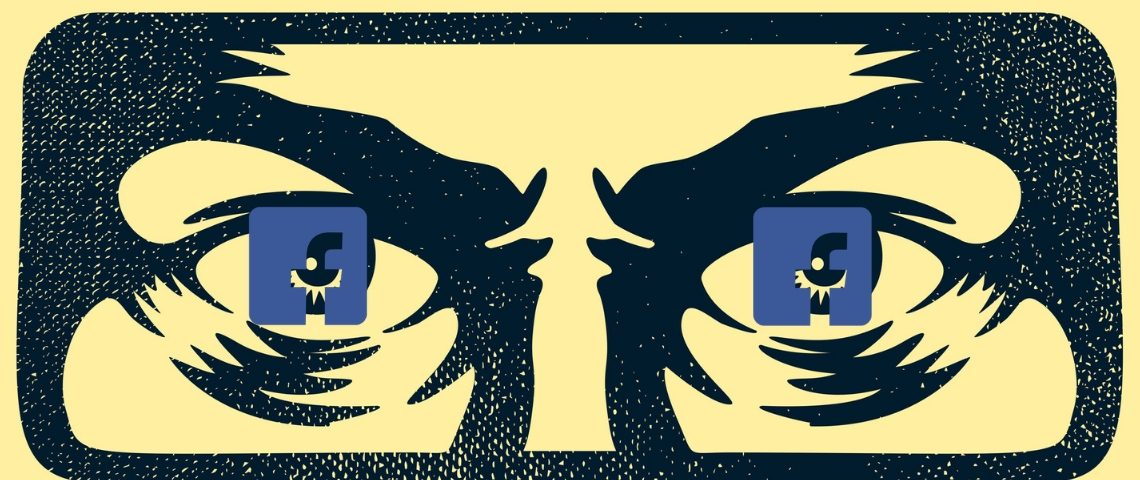 Facebook is watching you le visage de big brother avec le logo de Facebook dans les yeux.