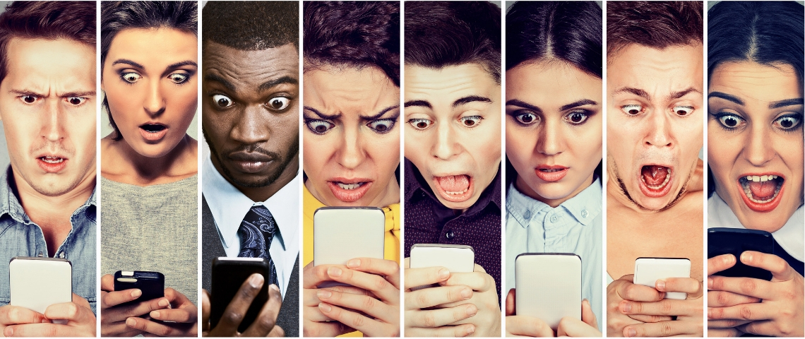 Dans l'indignation générale une série de visage grimaçant qui regardent un smartphone