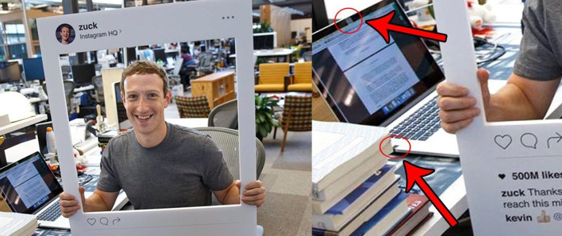 une image montrant des post-it devant la webcam et le micro de l'ordinateur du fondateur de Facebook.