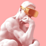 Une statue classique portant un masque de réalité virtuelle