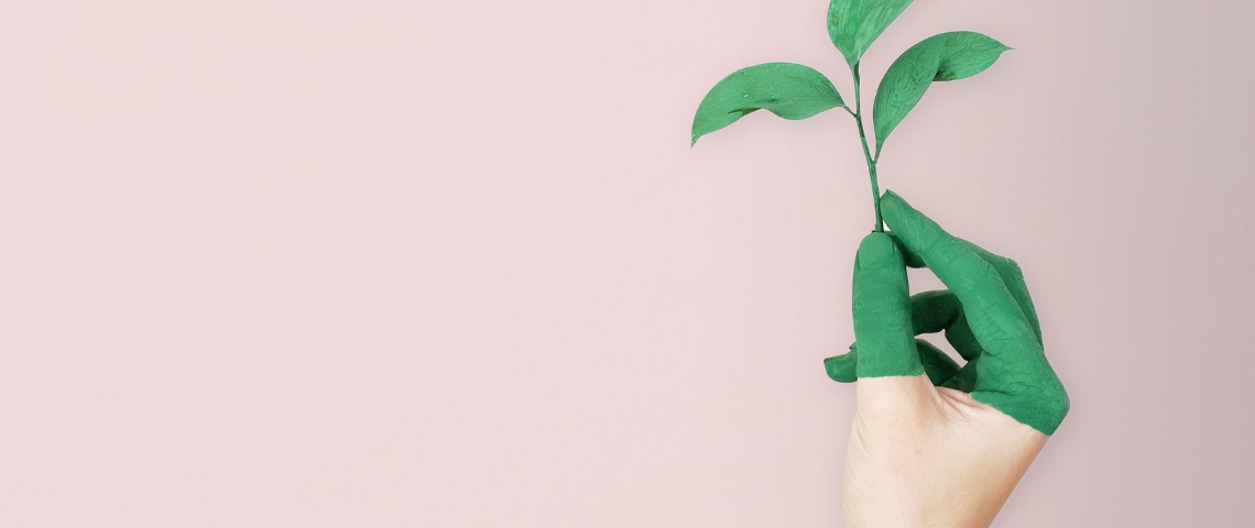 Qui doit diriger la RSE en entreprise ? Une main avec de la peinture verte sur un fond rose