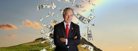 Michael Bloomnerg achète le mot climat sur Google Une photo de Michael Bloomberg avec des billets de banque devant une montagne et un arc-en-ciel