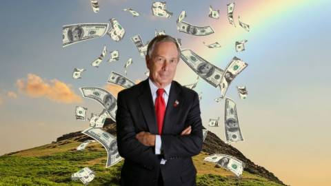 Une photo de Michael Bloomberg avec des billets de banque devant une montagne et un arc-en-ciel