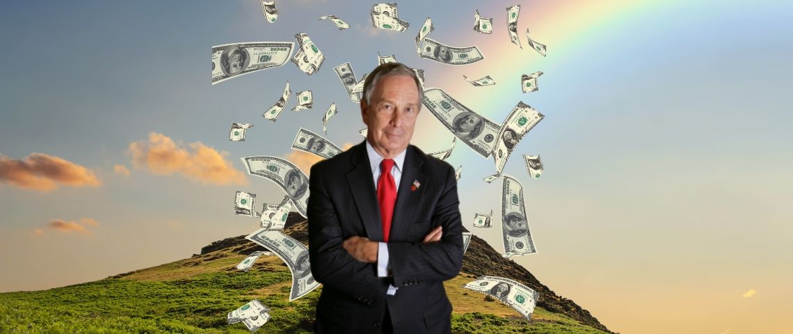Michael Bloomnerg achète le mot climat sur Google Une photo de Michael Bloomberg avec des billets de banque devant une montagne et un arc-en-ciel