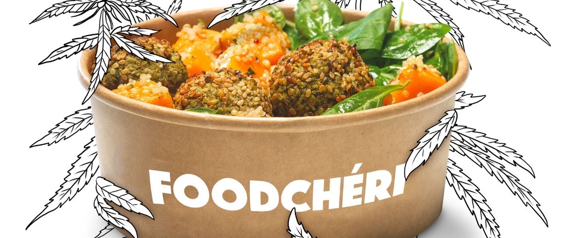 Après le burger aux insectes FoodChéri va encore plus loin et invite les curieux à découvrir son nouveau #MenuCensuré au CBD (cannabidiol) Captuire d'écran de la campagne Foodcheri, montrant un plat