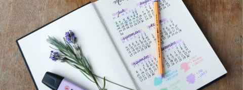 4 applications pour tenir ses résolutions. un carnet aux pages blanches ouvertes sur une table de bois avec un stabilisateur violet