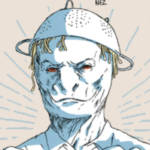 un dessin d'homme lézard avec une passoir sur la tête.