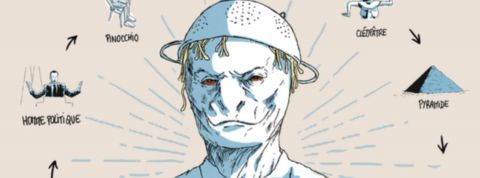 crazy theory un dessin d'homme lézard avec une passoir sur la tête.