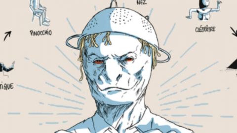 un dessin d'homme lézard avec une passoir sur la tête.