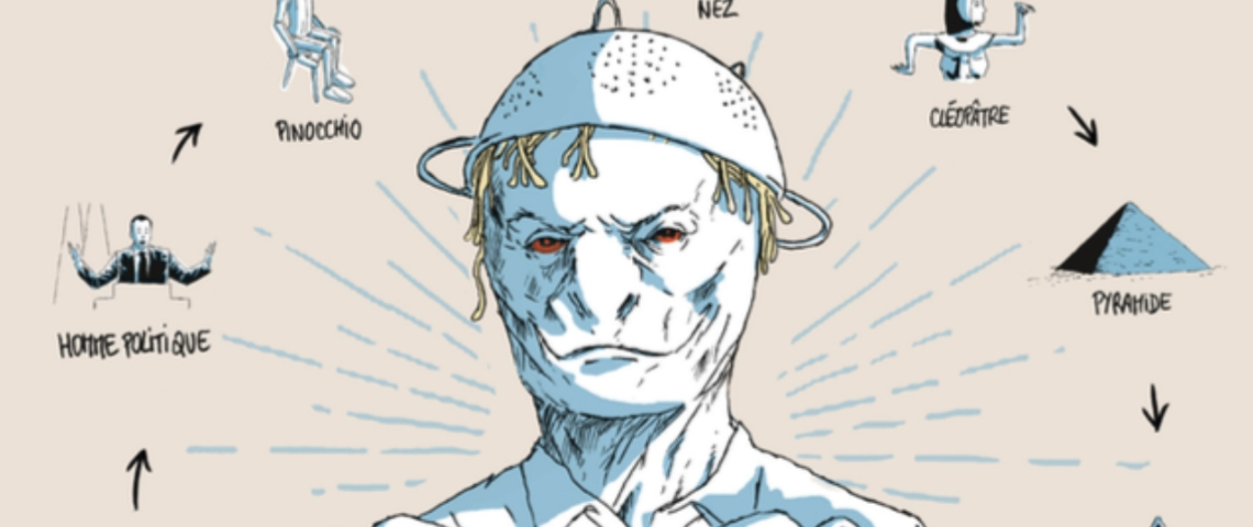 crazy theory un dessin d'homme lézard avec une passoir sur la tête.