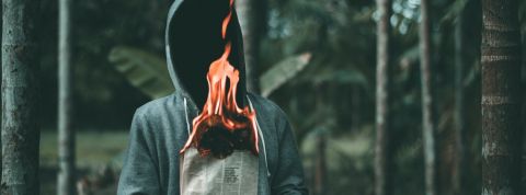 Bloomberg lance sa verticale écolo un homme à capuche dans une forêt tient un journal en feu