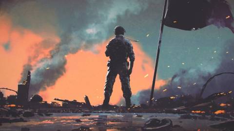 un soldat vu de dos sur un champ de bataille