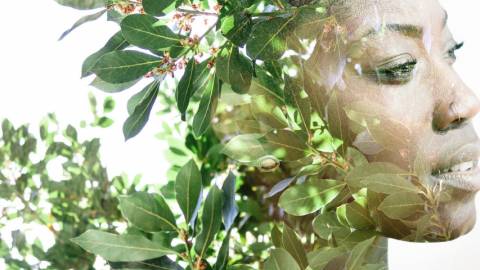 Une femme noire dont le visage est mélangé à des plantes
