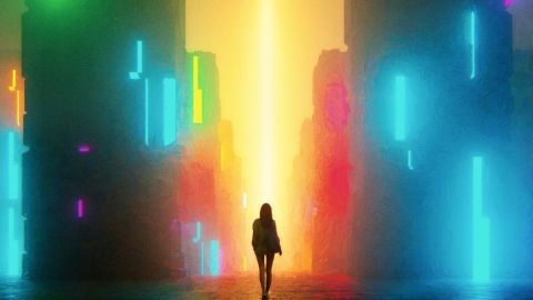 Image d'une femme de dos dans une ville futuriste