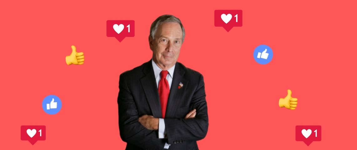 Michael Bloomberg fait des mèmes Michael Bloomberg sur un fond rouge