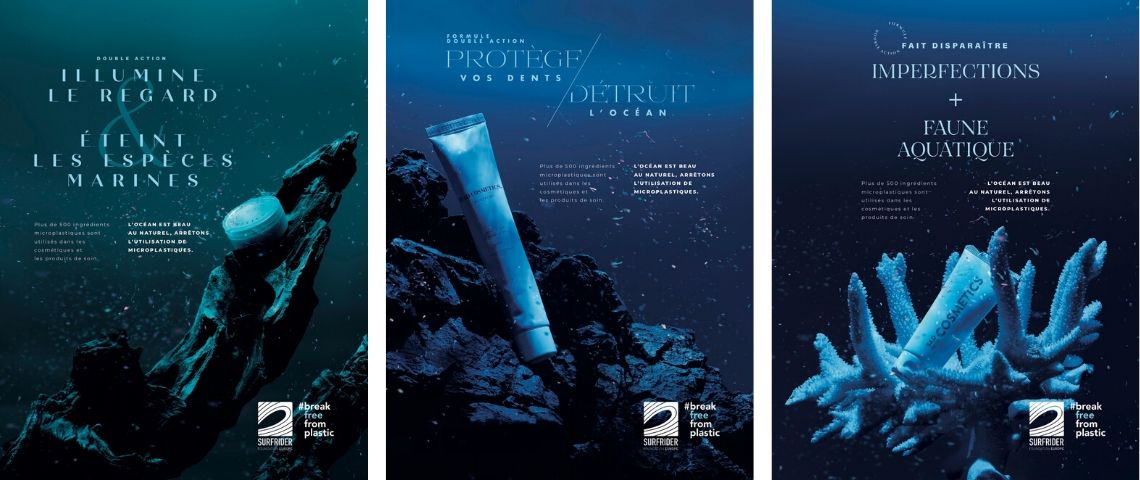 Surfrider Foundation Europe et ici Barbès lancent une campagne de sensibilisation sur l’impact des microplastiques sur les fonds marins Visuel de la campagne de sensibilisation, avec des tubes cosmétiques échoué dans les fonds marins