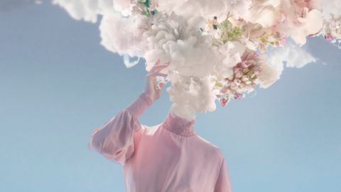 Une femme dont la tête est remplacée par un nuage et des fleurs