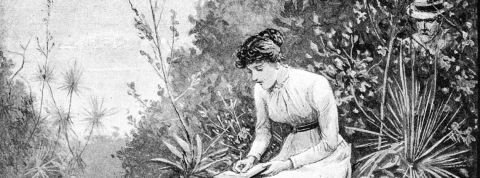 Une intelligence artificial analyse les textes de E.A Poe et conclut qu'il ne s'est pas suicidé une femme assise sur un banc dans un jardin en train d'écrire sur une feuille de papier