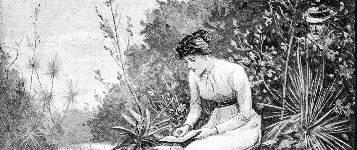 Une intelligence artificial analyse les textes de E.A Poe et conclut qu'il ne s'est pas suicidé une femme assise sur un banc dans un jardin en train d'écrire sur une feuille de papier