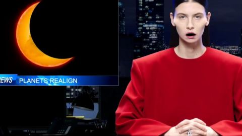 une présentatrice TV bizarre habillée en rouge