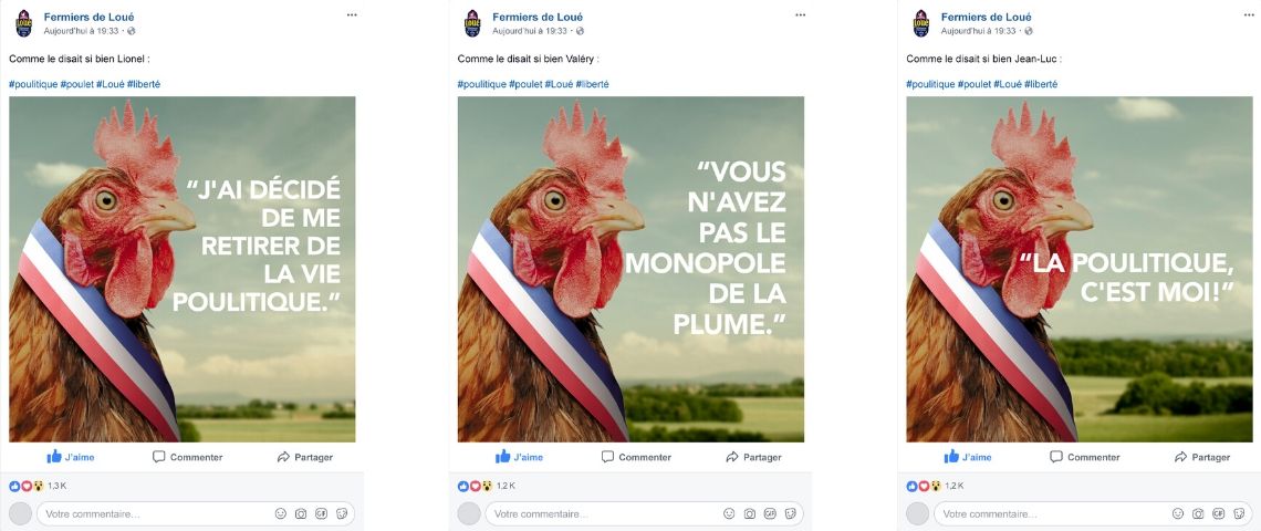 Les Fermiers de Loué et l'agence Josiane partent en campagne poulitique pour le bien-être animal. Affiche de la campagne de communication de Loué