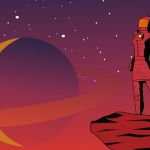Une illustration avec deux astronautes posant devant des planètes