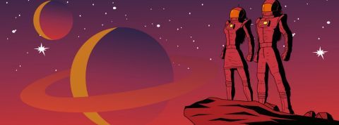 Comment les astronautes font-ils l'amour ? Une illustration avec deux astronautes posant devant des planètes