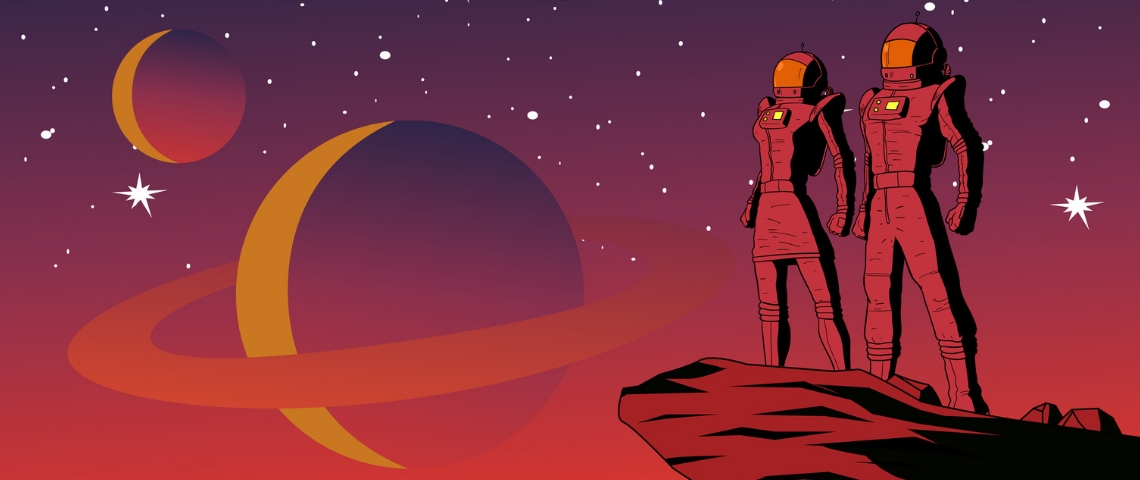 Comment les astronautes font-ils l'amour ? Une illustration avec deux astronautes posant devant des planètes