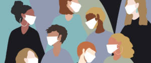 Une illustration avec plusieurs personnes portant un masque médical