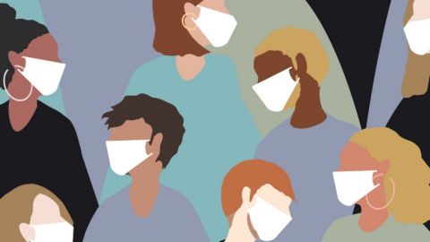 Une illustration avec plusieurs personnes portant un masque médical