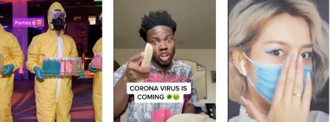 Sur TikTok, on peut donner des conseils pour lutter contre le coronavirus tout en rigolant Des hommes en combinaison jaunes, une famme avec un masque sur le visage et un africain qui fait du tambour