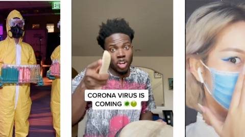 Sur TikTok, on peut donner des conseils pour lutter contre le coronavirus tout en rigolant Des hommes en combinaison jaunes, une famme avec un masque sur le visage et un africain qui fait du tambour