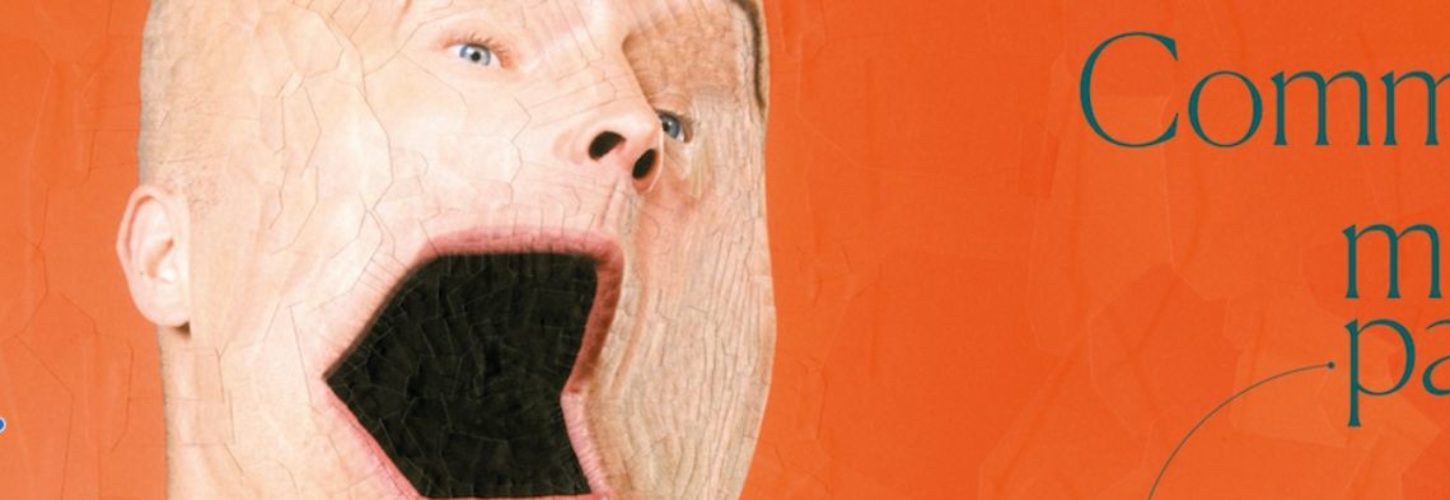 la crise du covid 19 change nos manières d'échanger un montage photo avec un homme avec une bouche en forme d'ordinateur