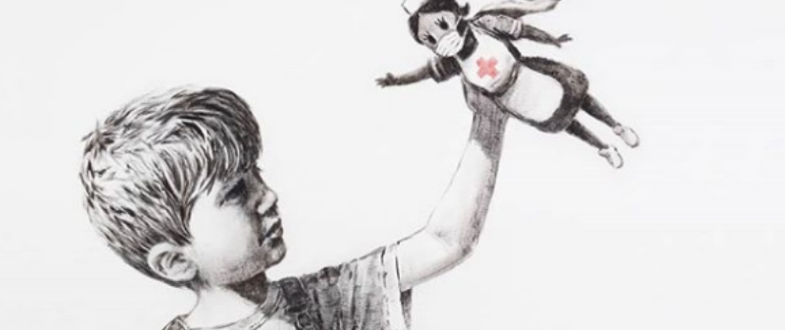 Banksy offre une oeuvre à un hôpital Un dessin de Banksy représentant un petit garçon en train de jouer avec une infirmière-superhéroïne