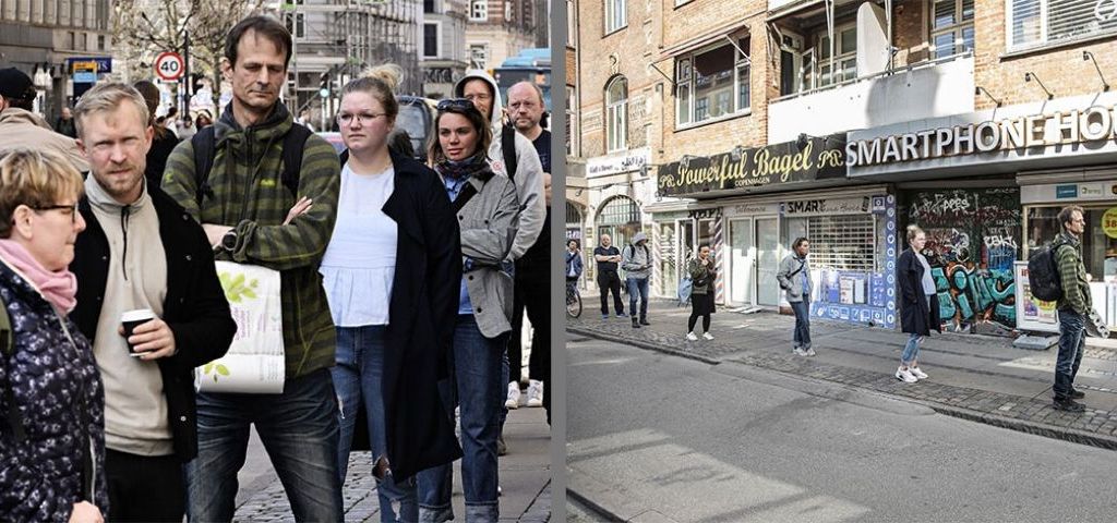 Distanciation physique : les photos peuvent mentir Deux photographies de Danois qui font la queue avec un angle différent
