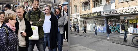 Distanciation physique : les photos peuvent mentir Deux photographies de Danois qui font la queue avec un angle différent