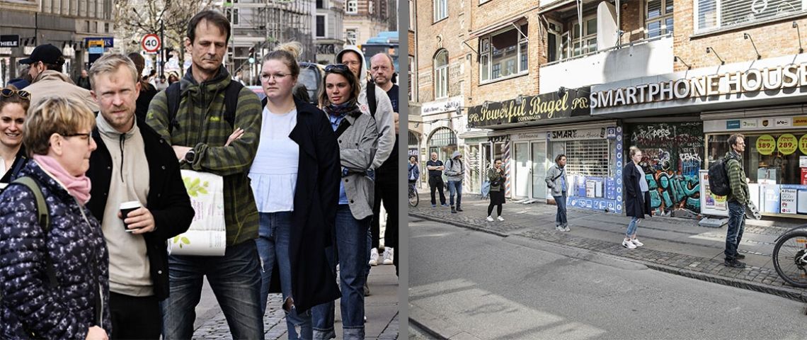 Distanciation physique : les photos peuvent mentir Deux photographies de Danois qui font la queue avec un angle différent