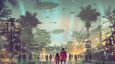 une ville futuriste avec des lumières