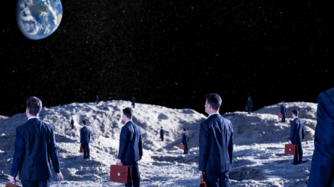 Hommes d'affaire tenant des petites malettes marchent sur la lune