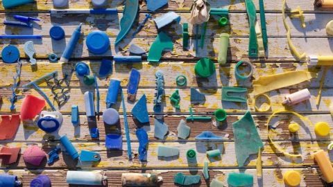 Une quantité de déchets plastique sur une table, triés par couleur