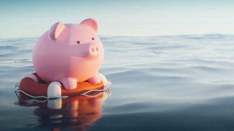 Une tirelire cochon sur une bouée, à la mer