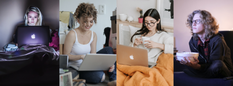 Regarder la télé à distance Des femmes et un homme qui regarde la télé chacun dans leur salon