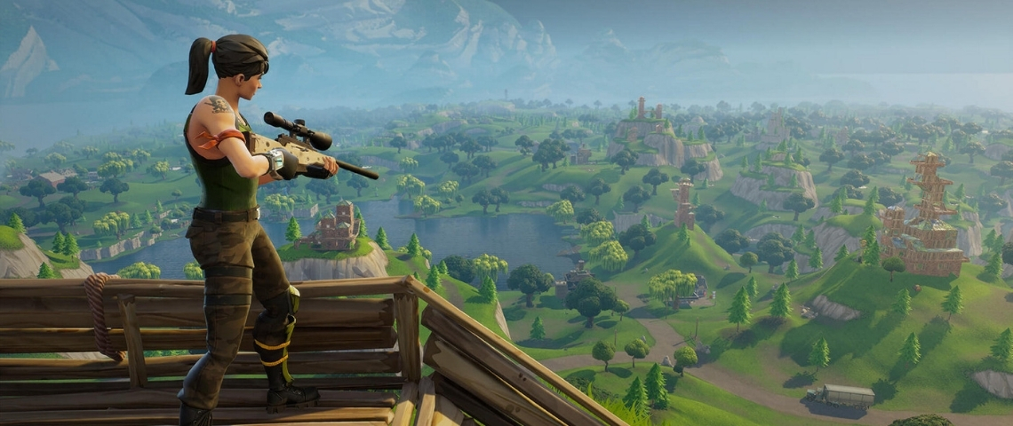 Fortnite, nouveau terrain de chasse de l'extreme droite un joueur qui vise dans un fusil à lunette