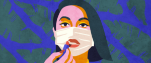 Dessin d'une femme qui met du rouge à lèvres sur son masque