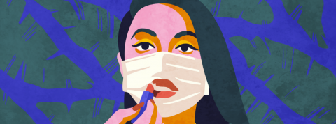 Masque et maquillage ne font pas bon ménage Dessin d'une femme qui met du rouge à lèvres sur son masque